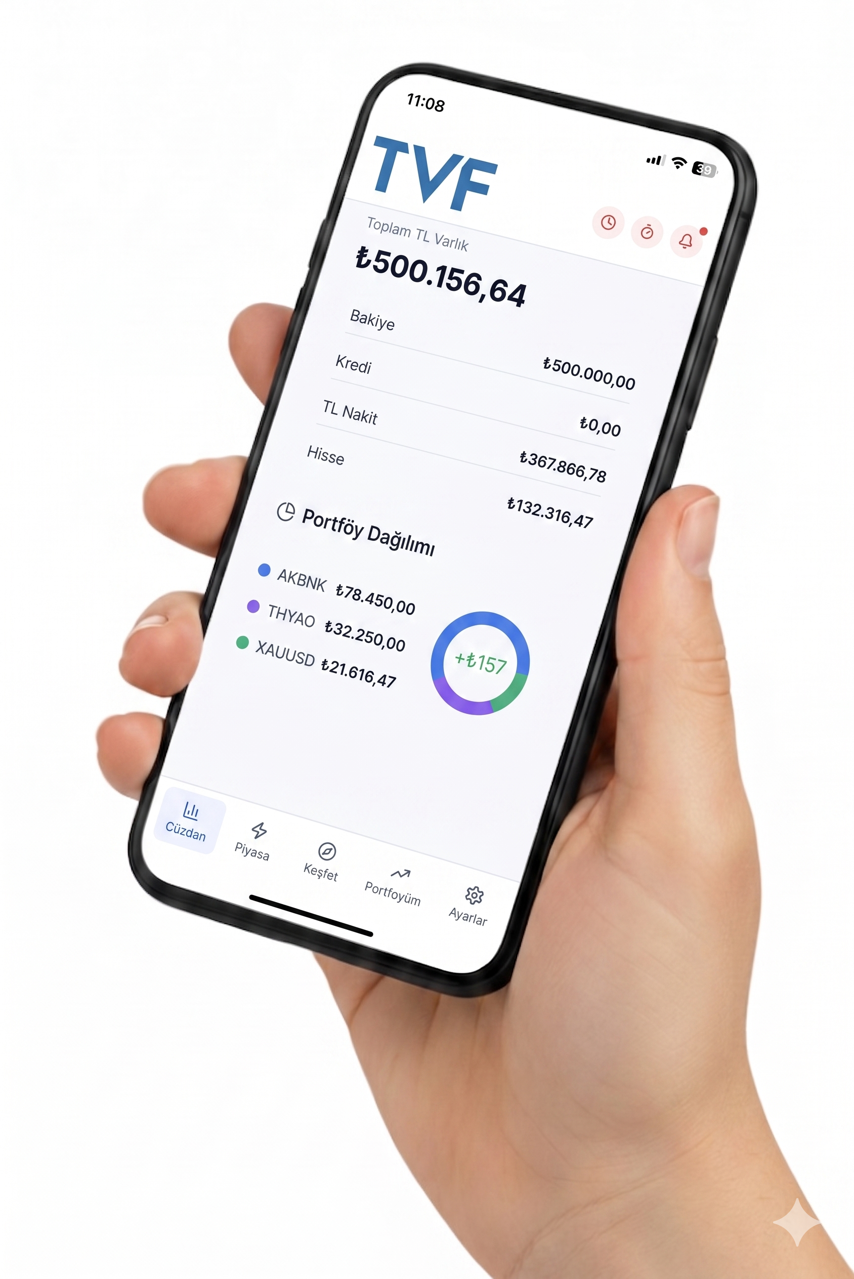 TVF Yatırım uygulaması - telefon ekranında yatırım hesabı